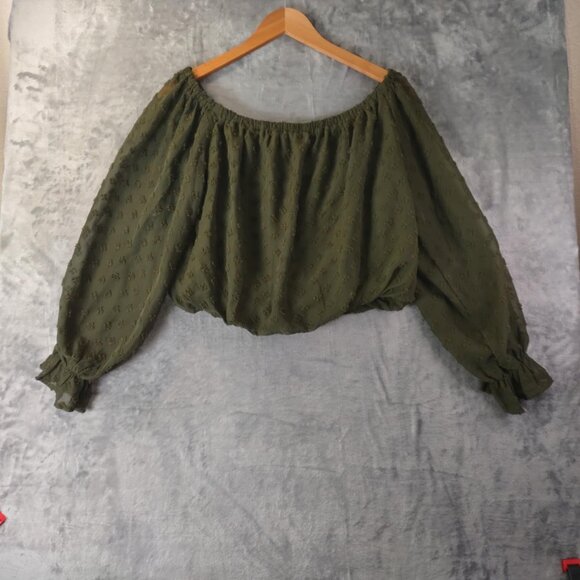 She + Sky Women M Olive Green Off-Shoulder Textured Cropped Dark Cottagecore top - Picture 3 of 11